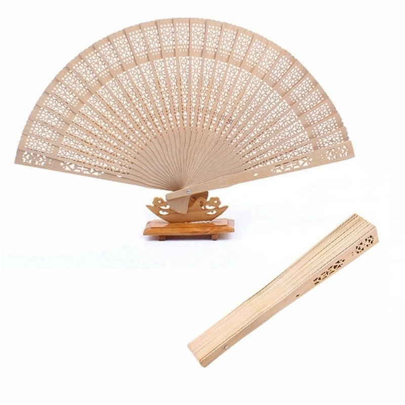 Handcrafted Sandalwood Folding Fan with Intricate Cutwork