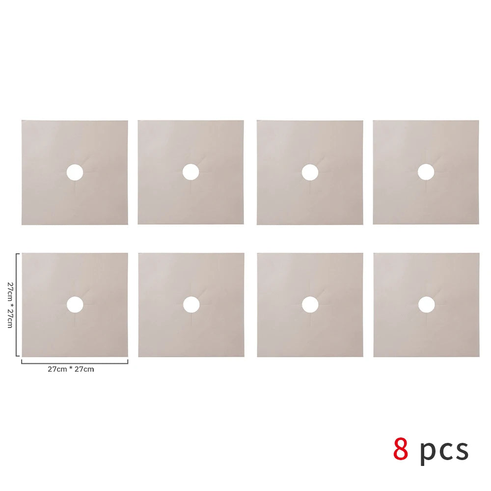 Eight square beige reusable non-stick gas stove protector mats shown in various sizes.