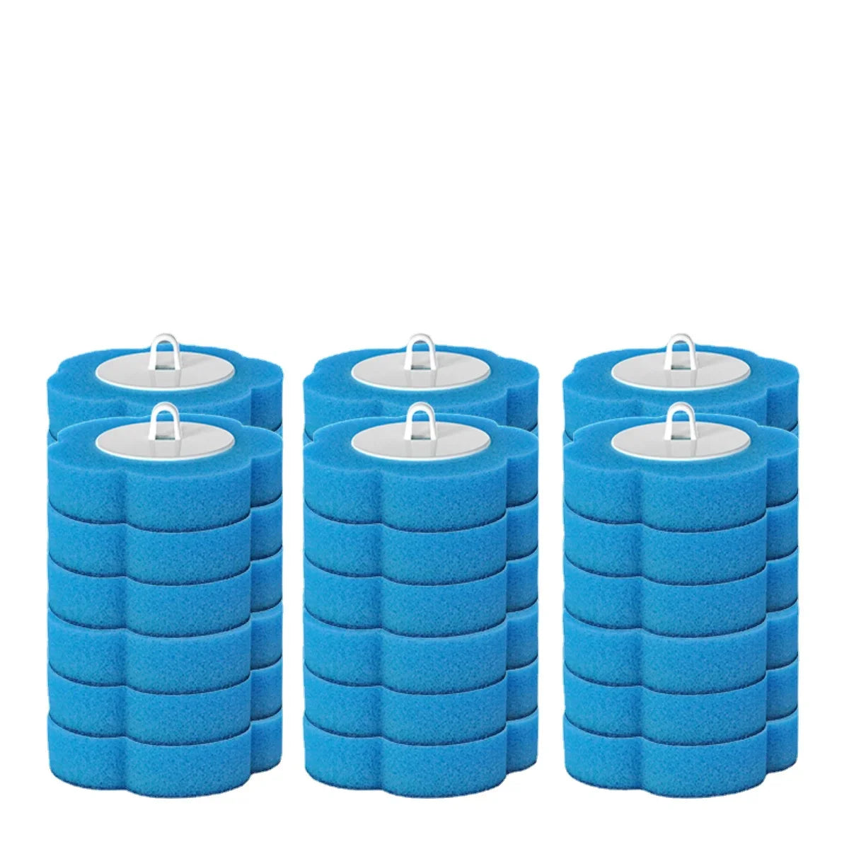 A set of blue disposable toilet brushes with replaceable heads.