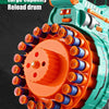 Close-up of a teal electric gatling gun toy with an orange reload drum and multiple soft suction cup bullets.