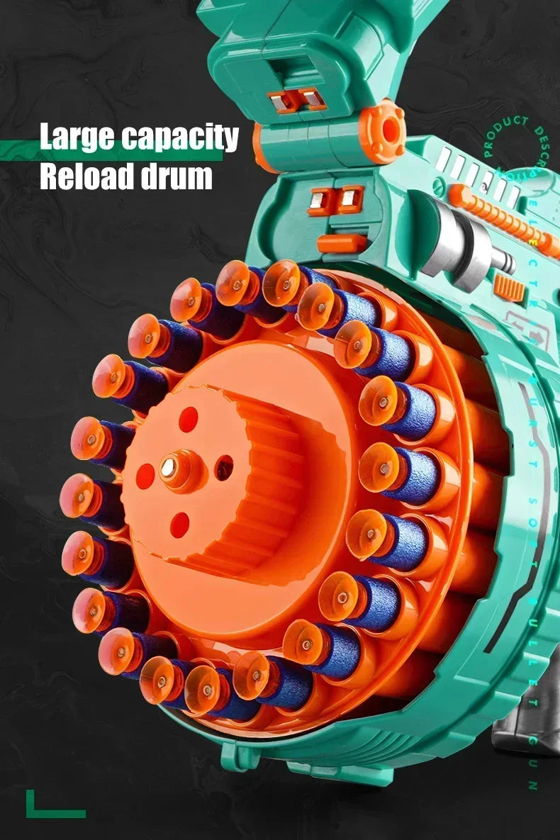 Close-up of a teal electric gatling gun toy with an orange reload drum and multiple soft suction cup bullets.