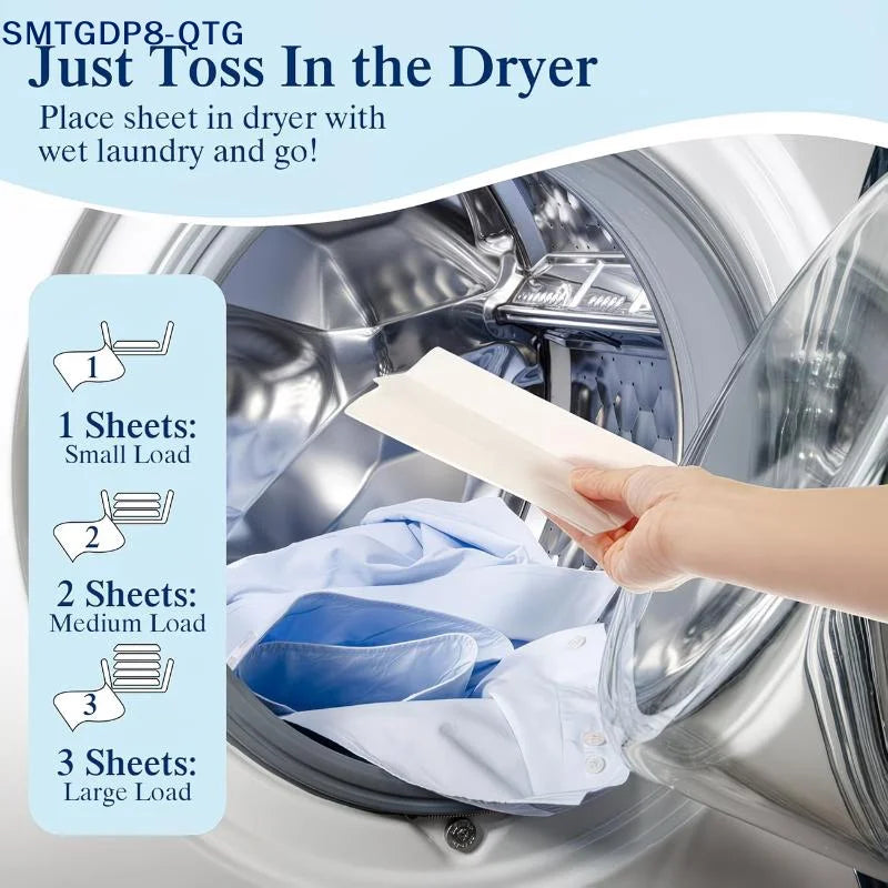 A hand places dryer sheets into a washing machine drum for laundry.