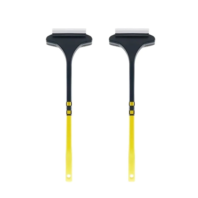A pair of black and yellow dual-use window screen and glass cleaning brushes.