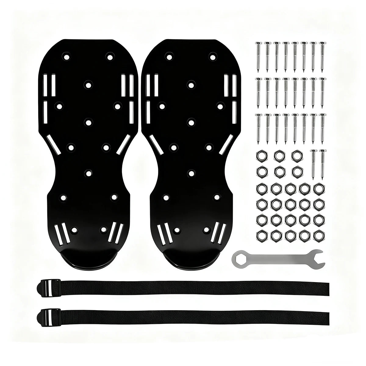 Set of adjustable lawn aerator shoes with heavy-duty spikes and hardware for use on grass.