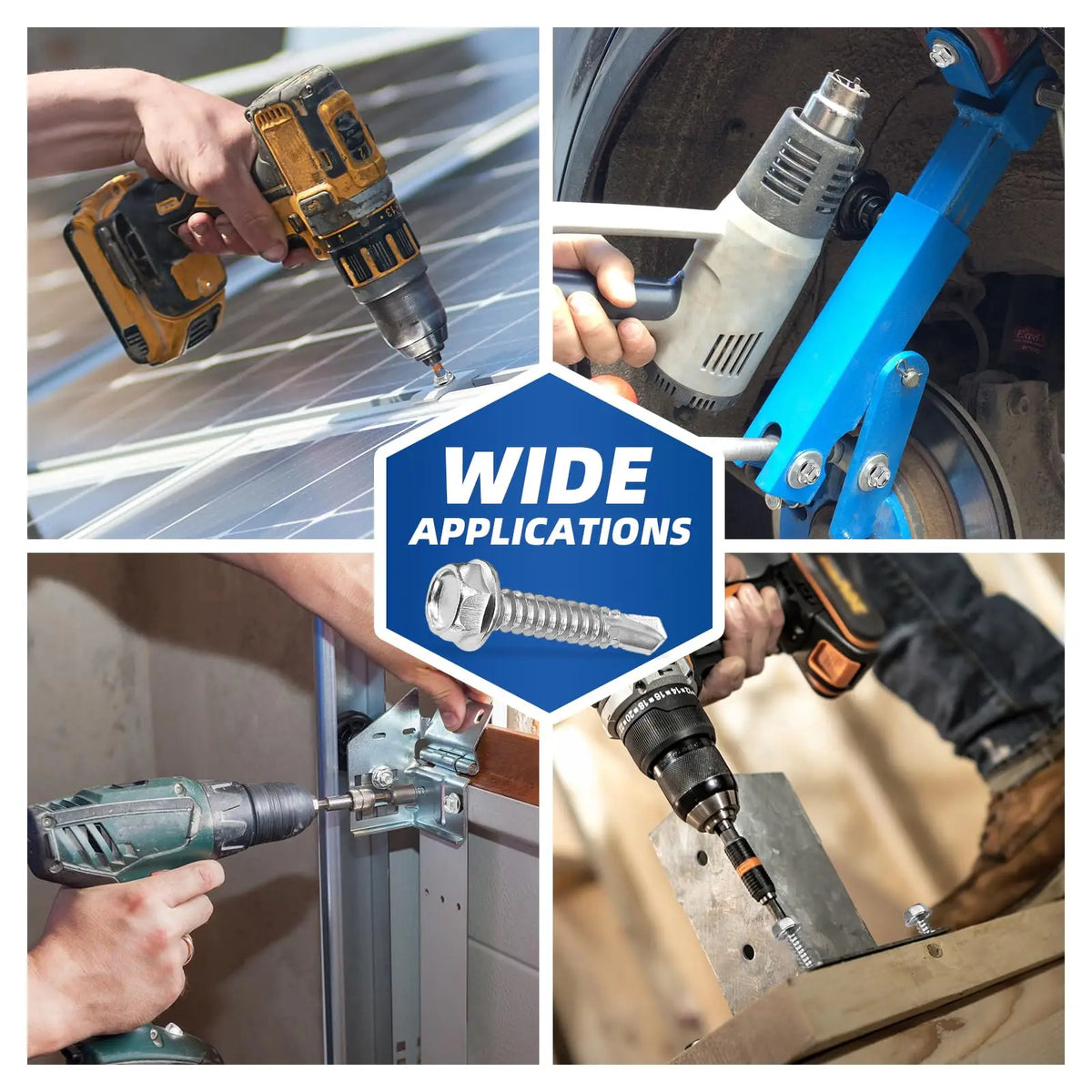 A collage showing various applications of stainless steel hex self-drilling screws used in construction and metalworking.