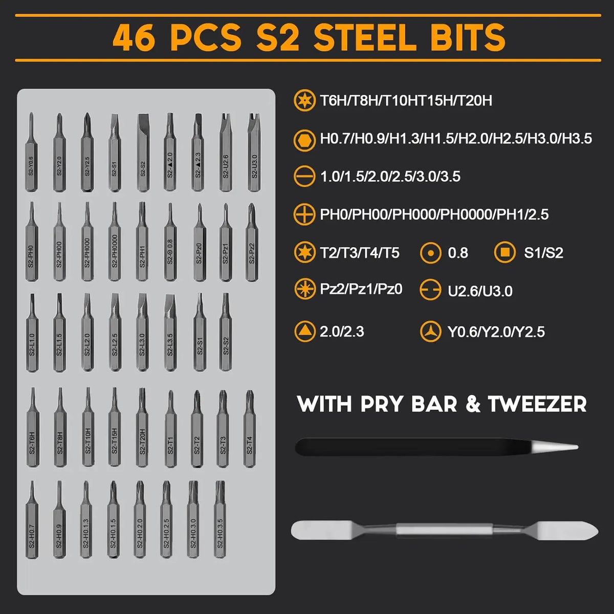 A collection of 46 S2 steel bits and a pry bar and tweezer are displayed in a plastic tray.