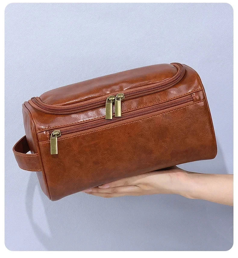 Hanging Leather Toiletry Bag with Durable Water-Resistant Design