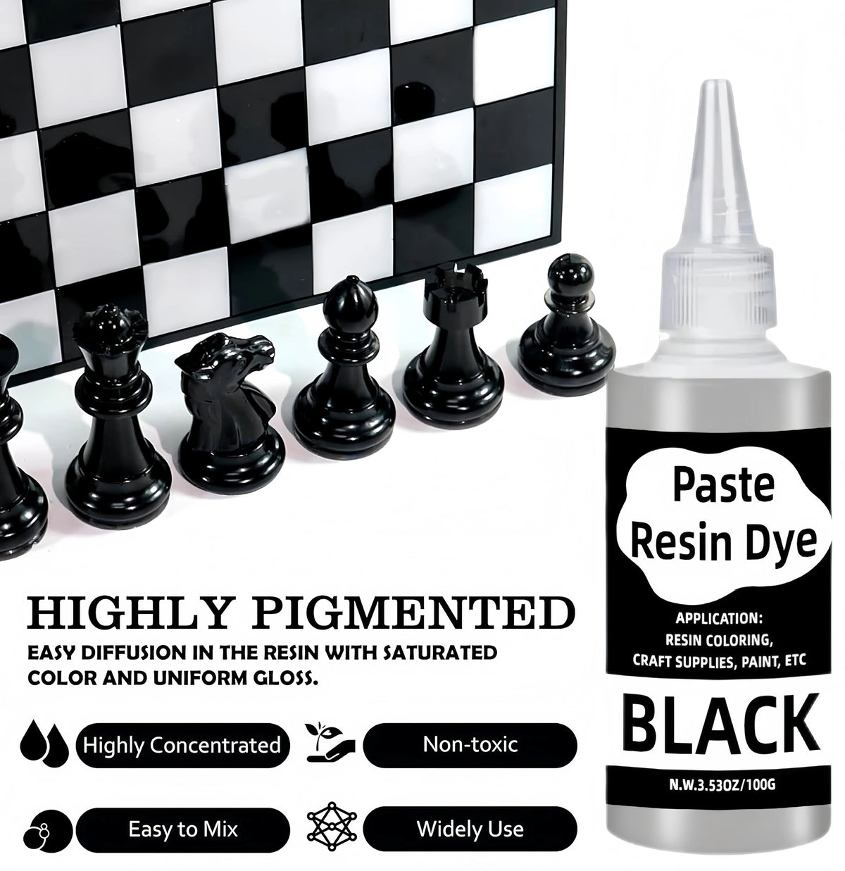 A set of black epoxy resin dye paste in a glass bottle next to a black and white checkered surface.