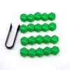 A set of twenty green hexagonal car wheel nut cap covers arranged in rows.