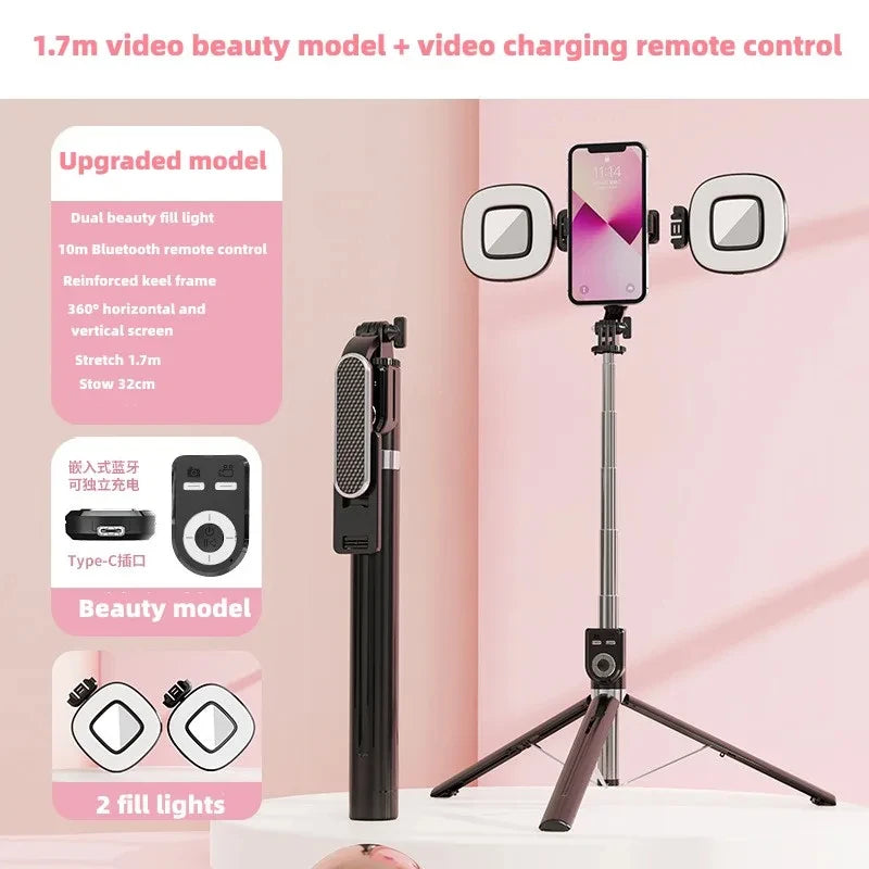 Vertikaler Selfie-Stick mit Kamera und Lichtern vor pinkem Hintergrund.