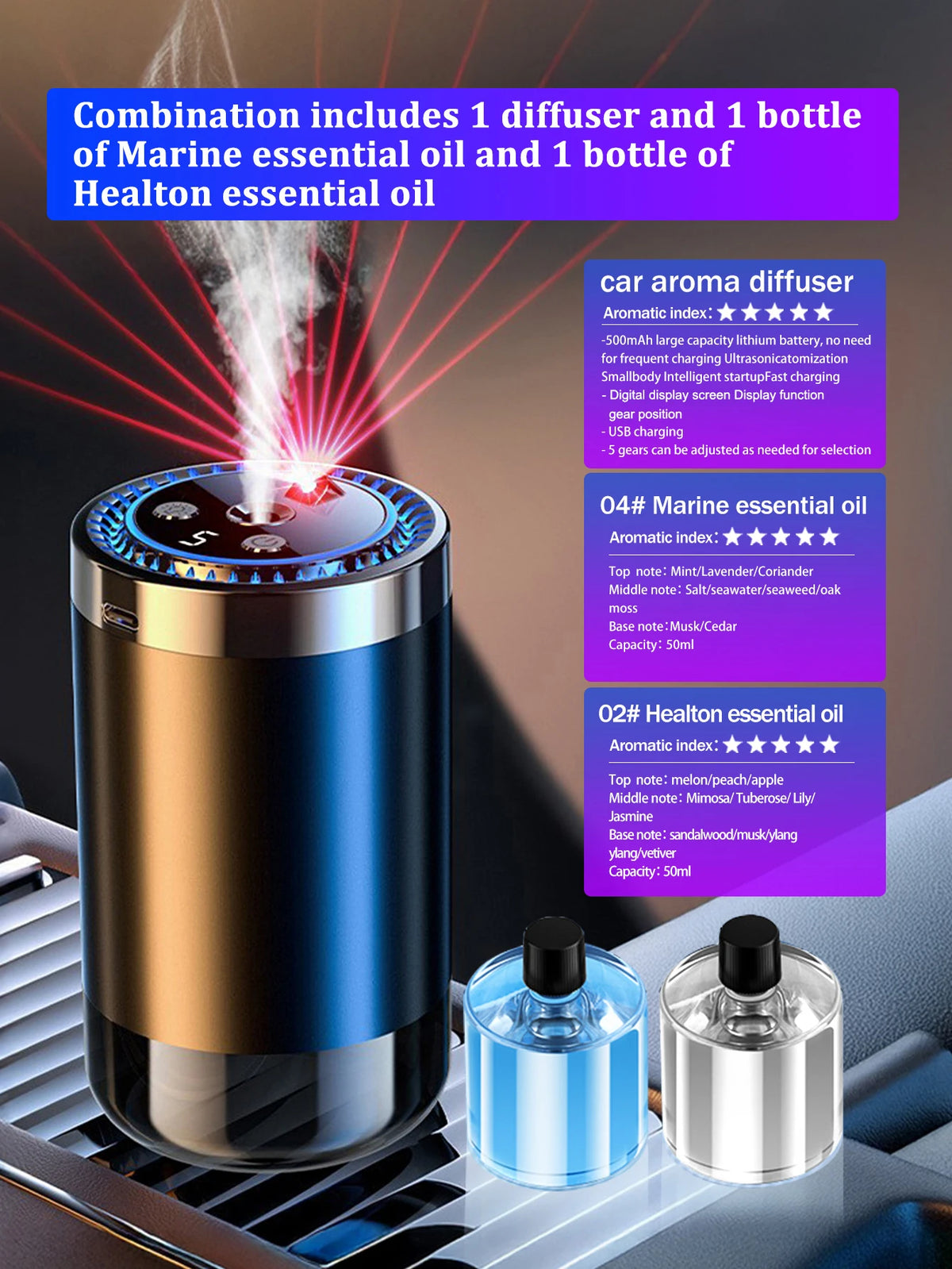 Un set combiné de diffuseur et de flacons d'huiles essentielles sur une surface moderne.