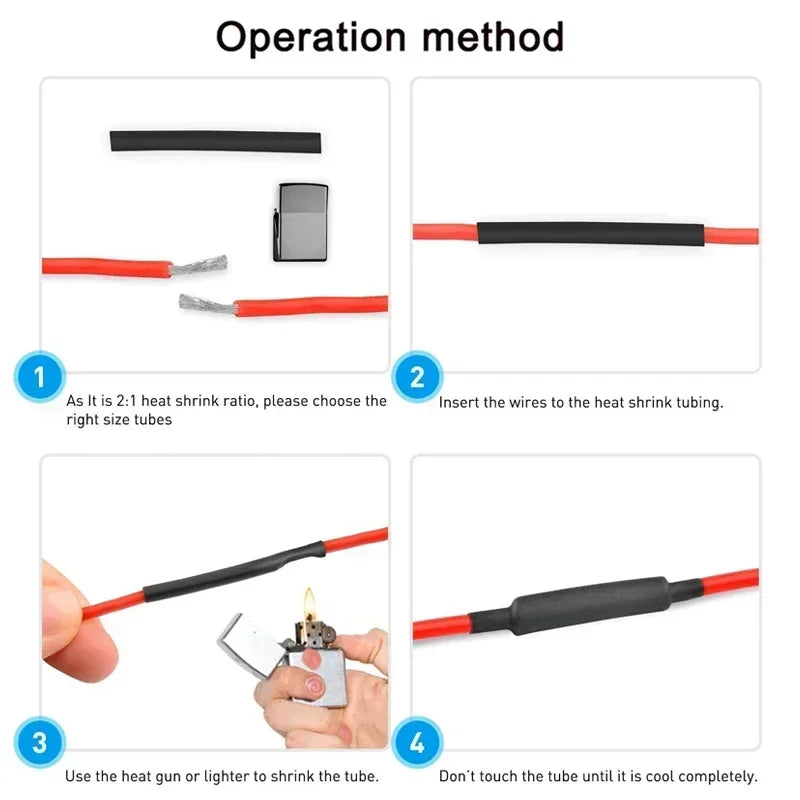 Instructions showing how to use a heat gun or lighter to shrink heat shrink tubing onto wires.