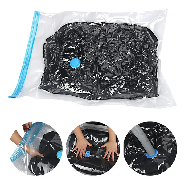 A clear plastic bag containing a black reusable vacuum compression storage bag with a blue seal.