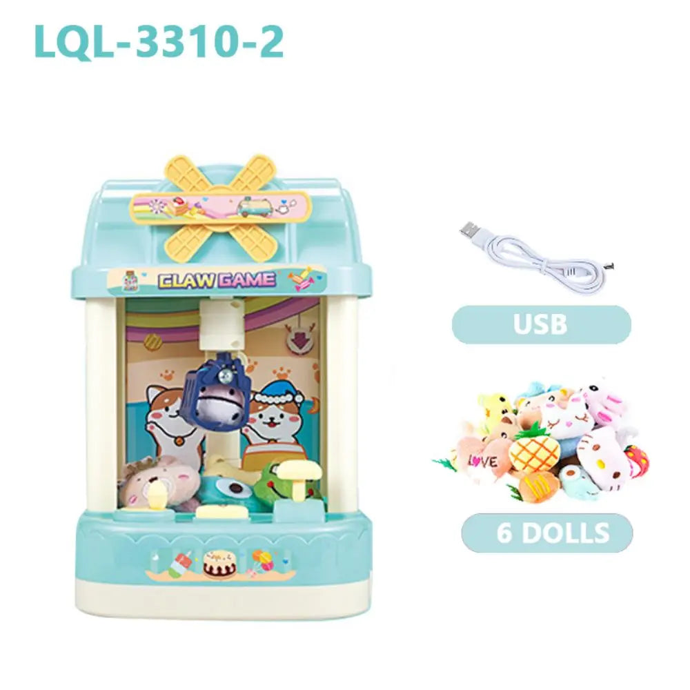 A light-up claw game machine for kids featuring a plastic crane and six dolls.
