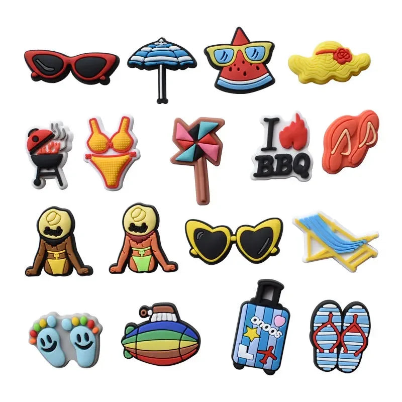 A collection of colorful PVC charms and pins designed for decorating clogs, sandals, and shoes.