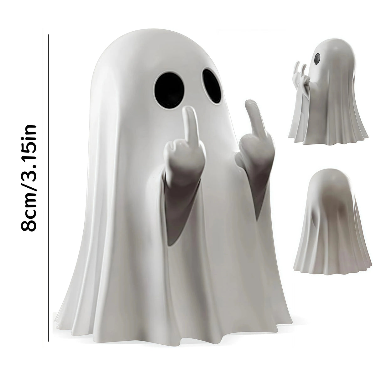A white resin ghost statue with a hood and a middle finger gesture, shown in various angles.