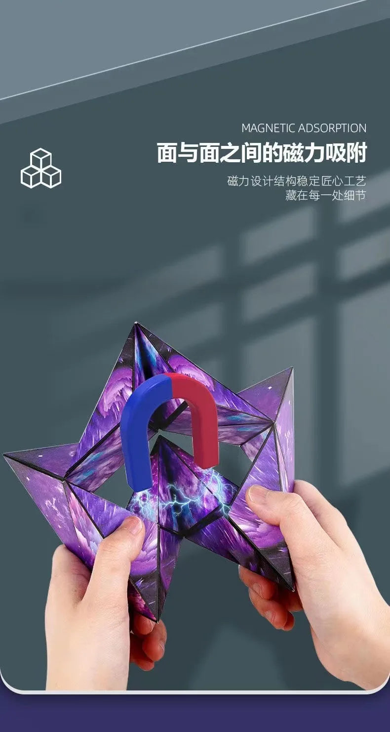 Hands holding a purple magnetic geometry cube puzzle, demonstrating magnetic adsorption.