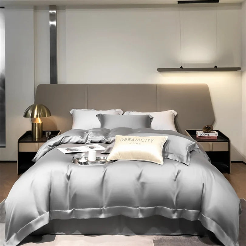 Luxuriöses Bambus-Bettwäsche-Set in neutralen Tönen mit modernem Licht