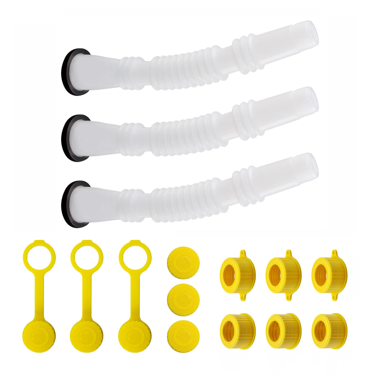 A set of three white flexible gas can spout replacements and several yellow silicone seals.
