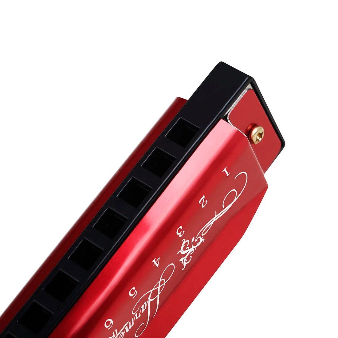 A red harmonica with a black cap and silver accents, showing the numbered holes.