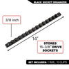 Black socket organizer rail with 15 clips and a 3/8 inch length for storing drive sockets