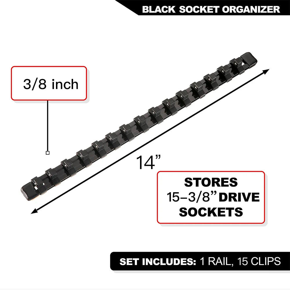 Black socket organizer rail with 15 clips and a 3/8 inch length for storing drive sockets