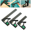 A set of multifunctional carpenter square tools including an angle level and protractor shown in various views.