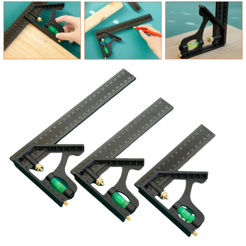 A set of multifunctional carpenter square tools including an angle level and protractor shown in various views.
