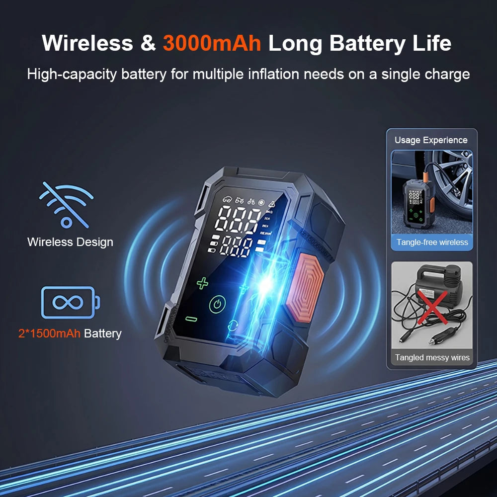 A portable cordless tire inflator with a digital display and LED light is shown against a blue background.