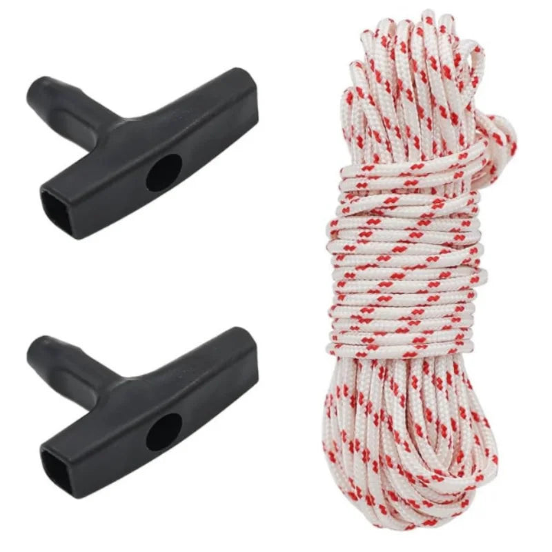 A spool of red and white nylon recoil starter rope for chainsaws and trimmers.