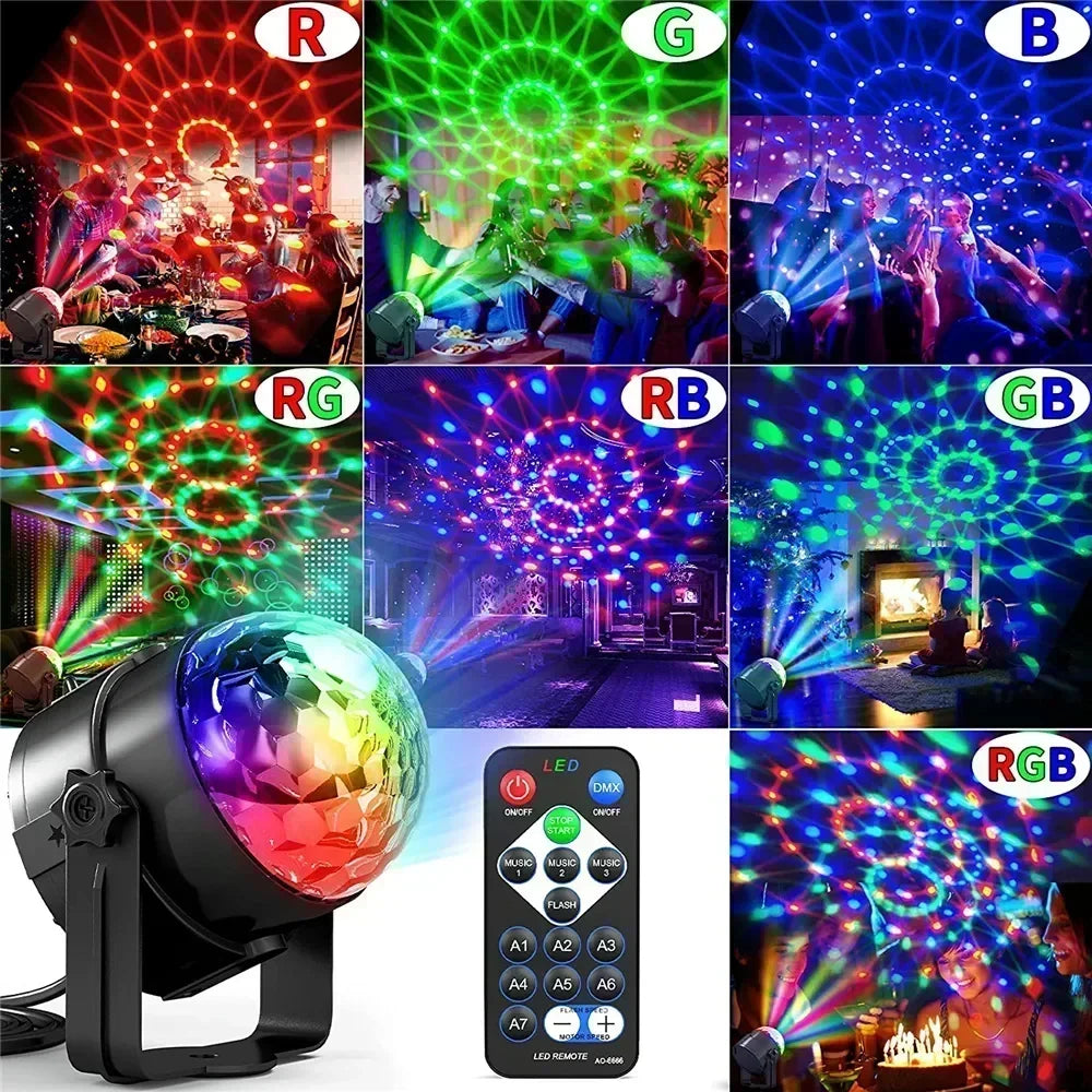 Lámpara de disco giratoria RGB con varios modos de color mostrados en formato de cuadrícula.