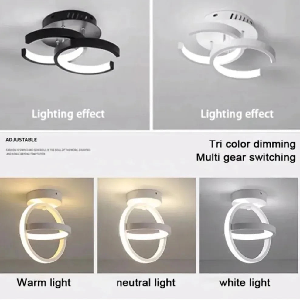 Three versions of a modern LED ceiling light showing warm, neutral, and white light effects.