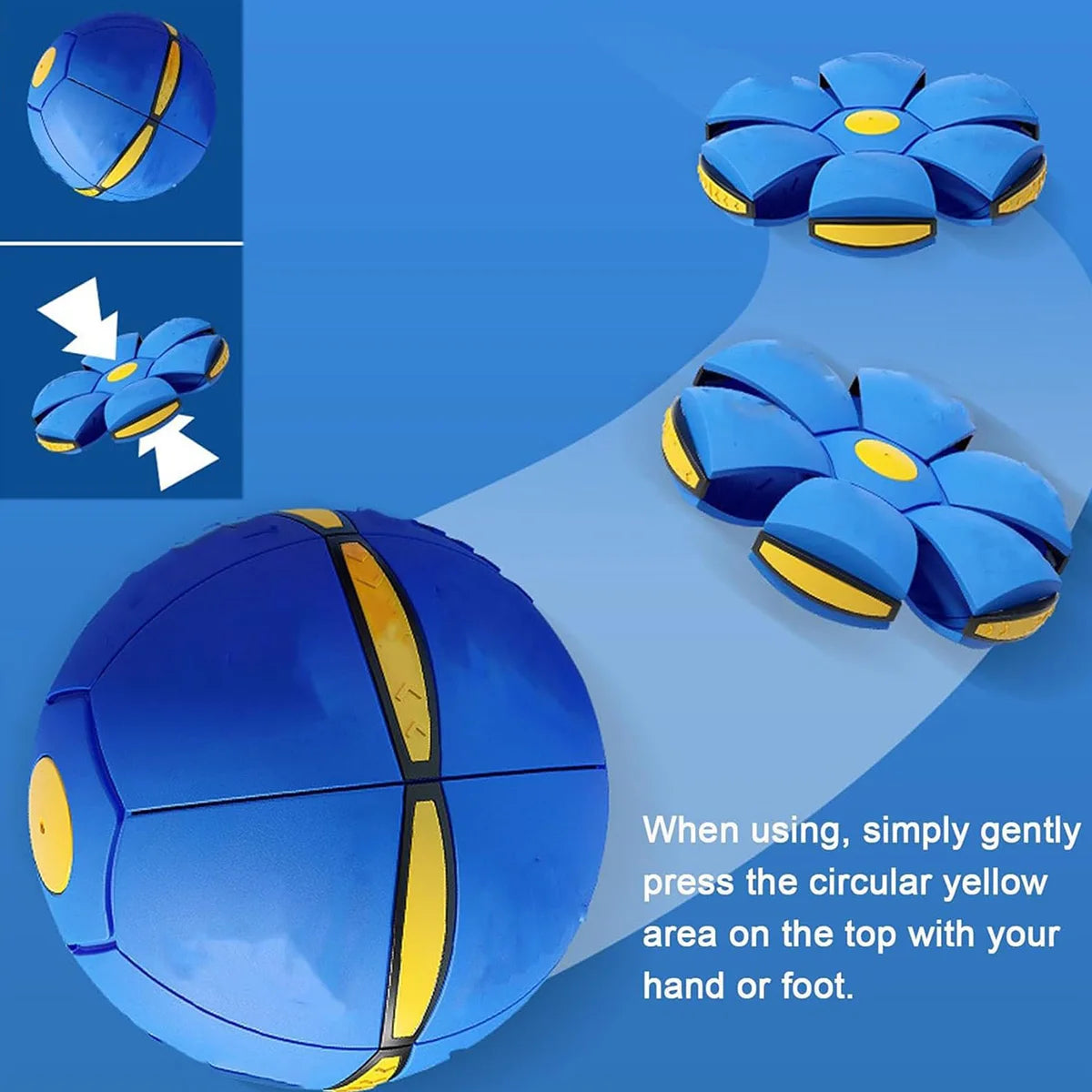 A blue magic flying saucer bouncing ball with a yellow circular area on top, shown in various views.