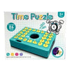 A box of a Time Puzzle game featuring a teal board and yellow pieces, designed for kids.
