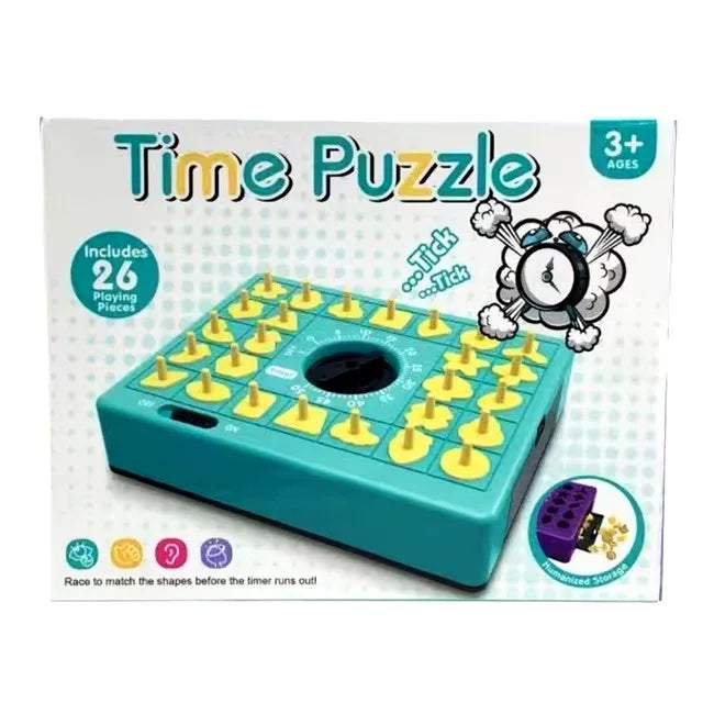 A box of a Time Puzzle game featuring a teal board and yellow pieces, designed for kids.
