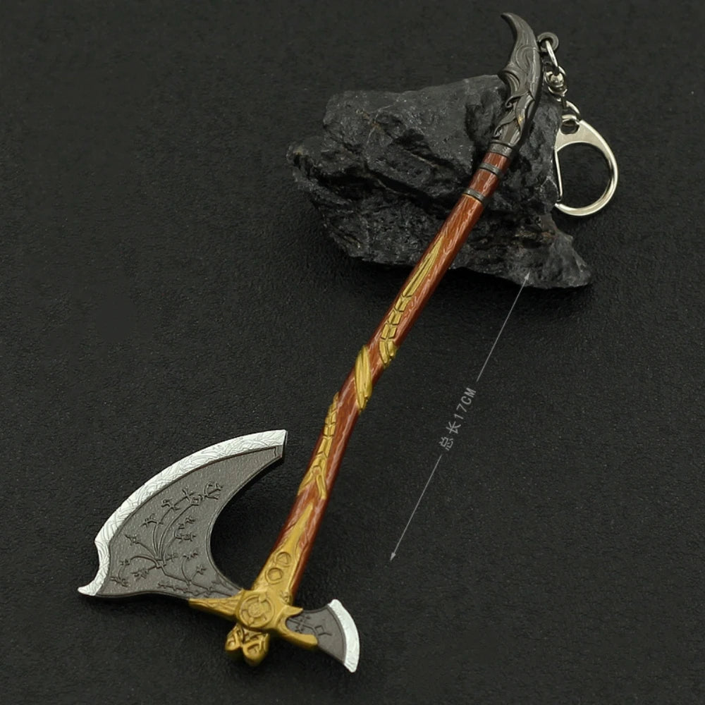 A detailed metal sword keychain featuring a stylized blade and handle, displayed against a dark background.