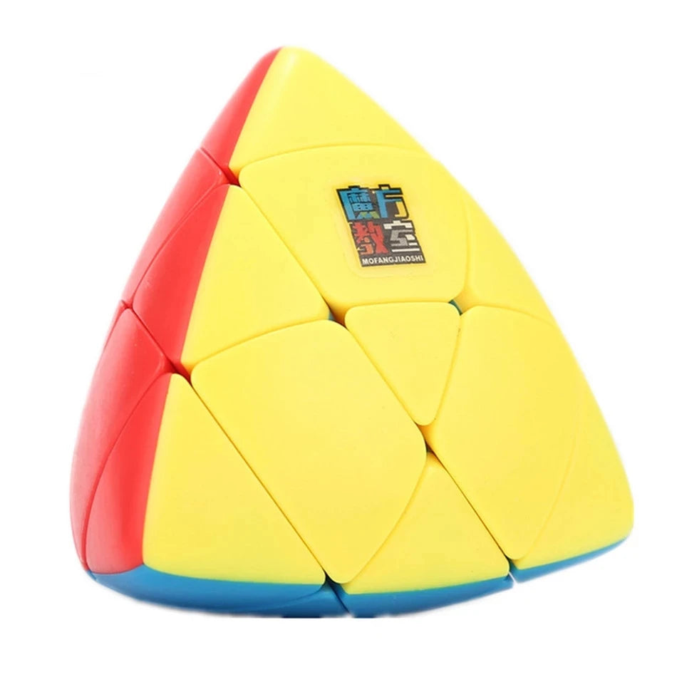 A yellow and red speed cube with a triangular shape, showing various colored faces.