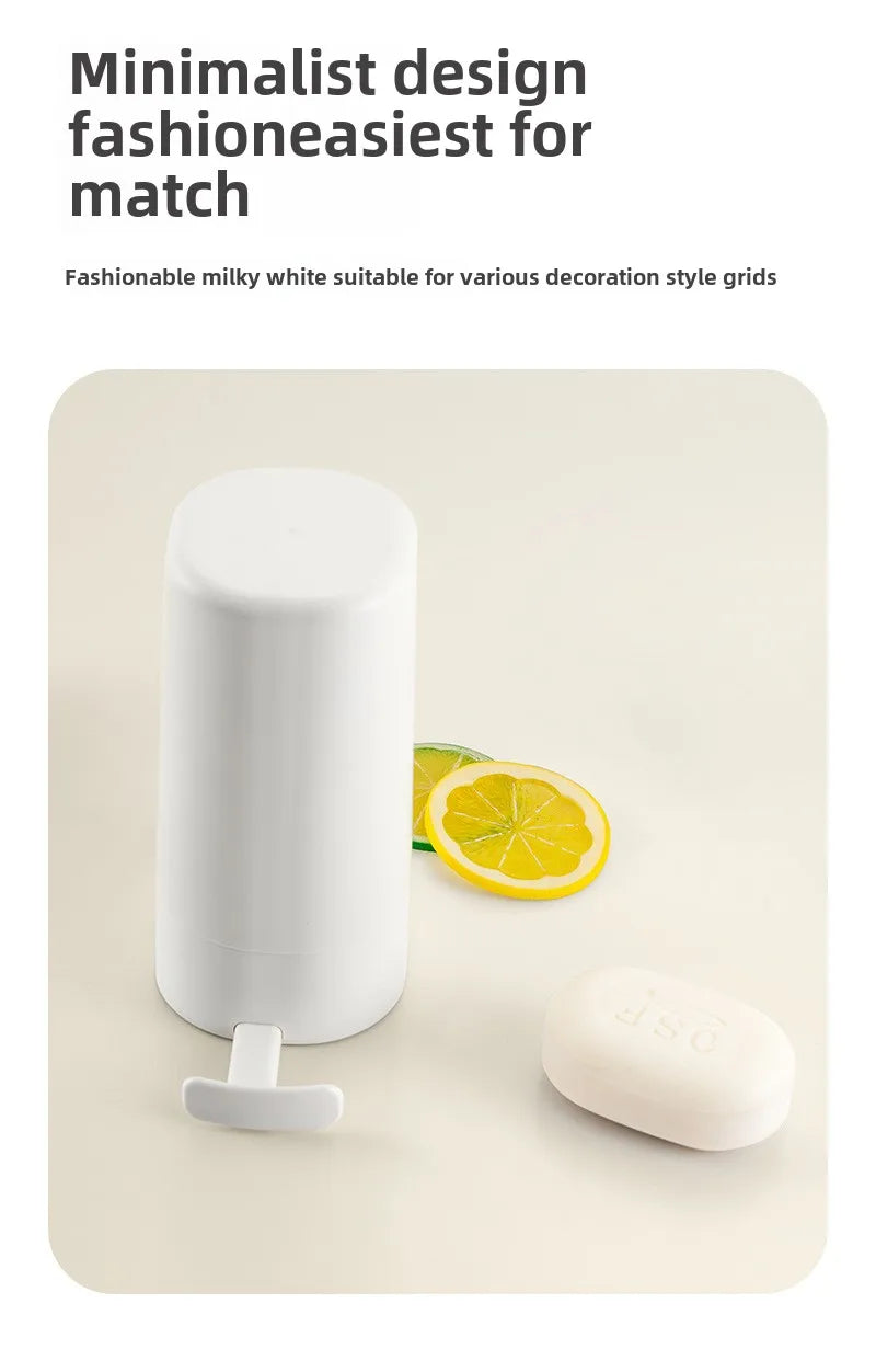 A minimalist milky white soap bar grinder and dispenser with a wall-mount option shown on a light background.