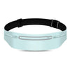 A white waterproof running waist pack with a black strap is shown against a white background.