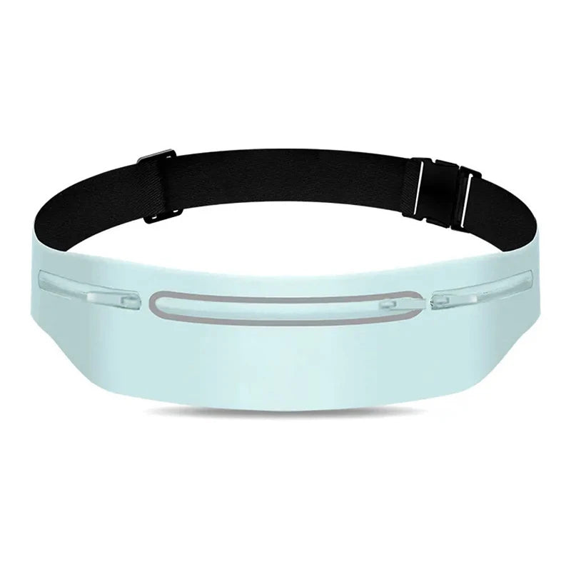 A white waterproof running waist pack with a black strap is shown against a white background.