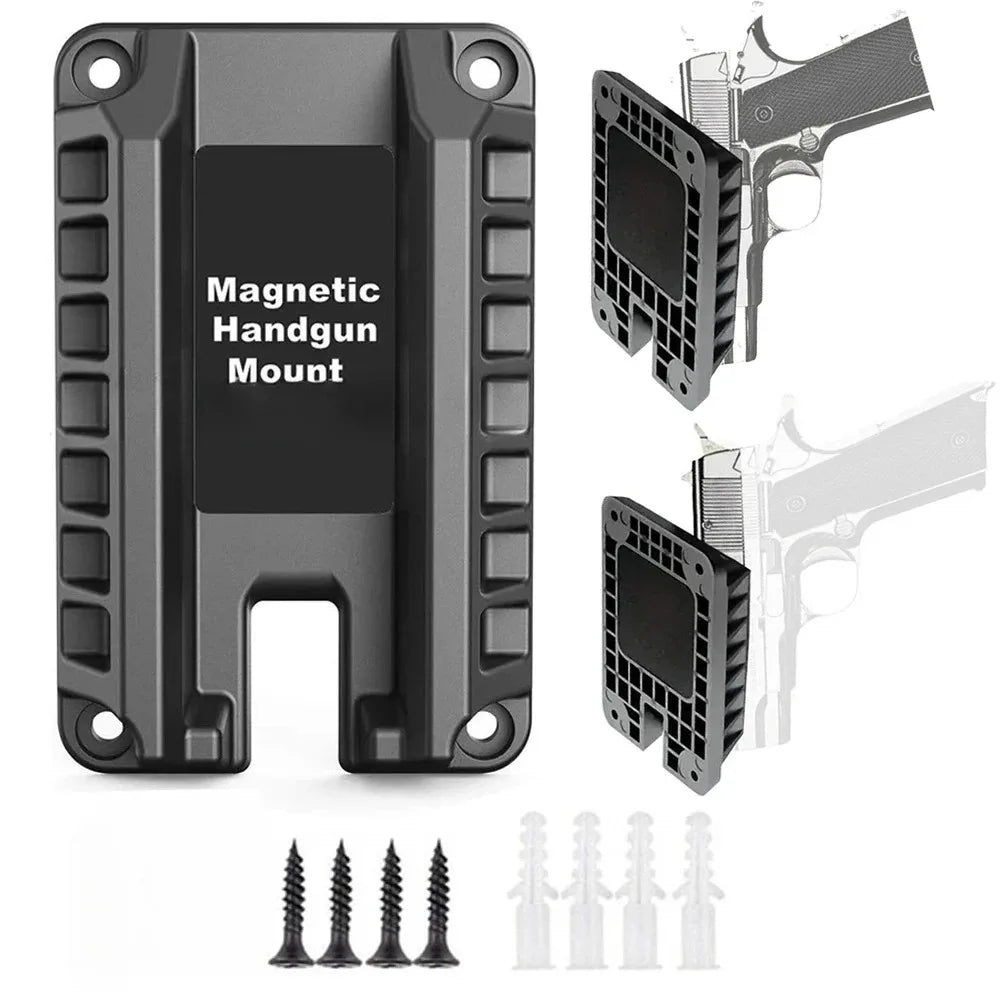 A black magnetic handgun mount with quick-release locks shown in various views and with mounting pins.