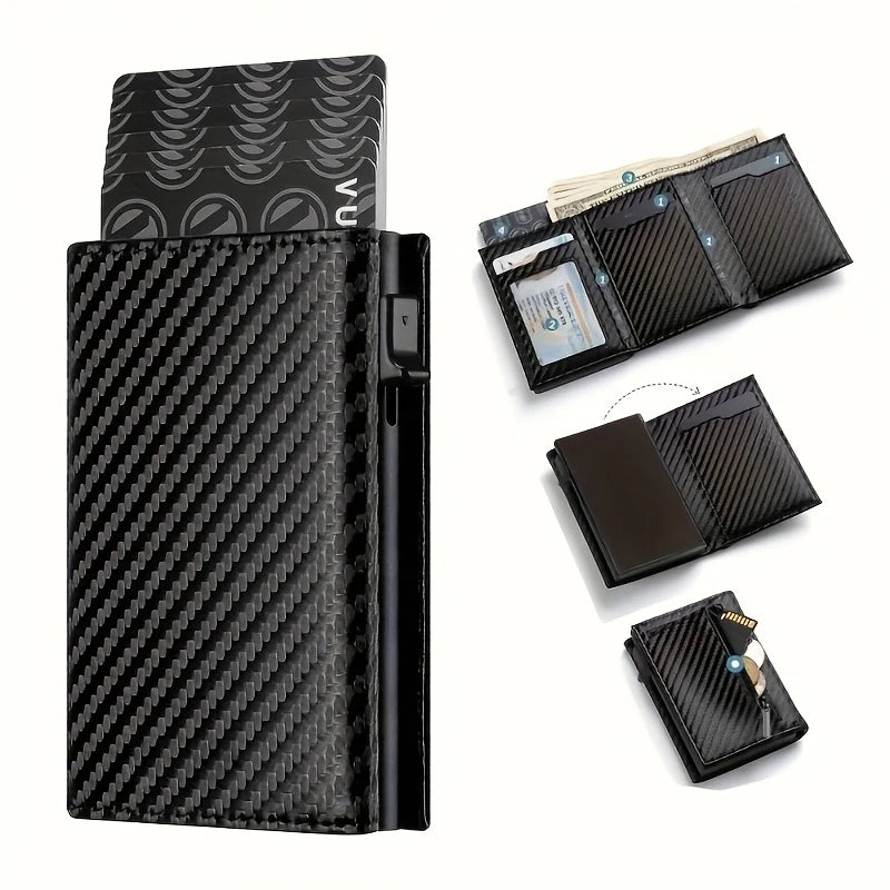 A black slim pop-up wallet shown with multiple card slots and an RFID protection feature.