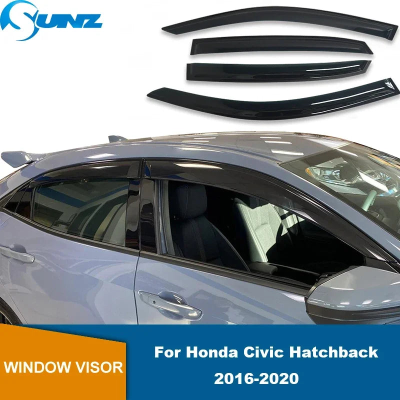 Matte black acrylic window visors for a 2016-2020 Honda Civic hatchback.