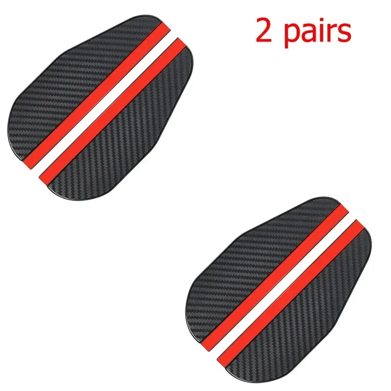 Two pairs of carbon fiber car side mirror rain and sun visors with red stripes.
