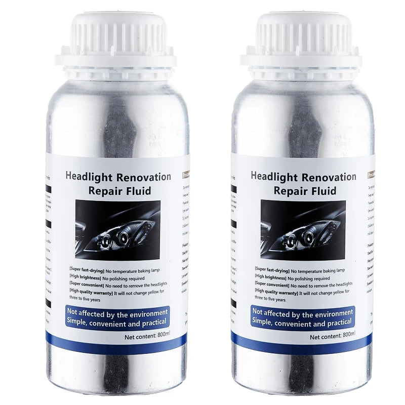 A clear bottle of Headlight Renovation Repair Fluid for restoring car headlights.