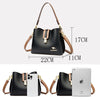 A black leather shoulder bag with a tan strap and gold hardware shown in multiple views.