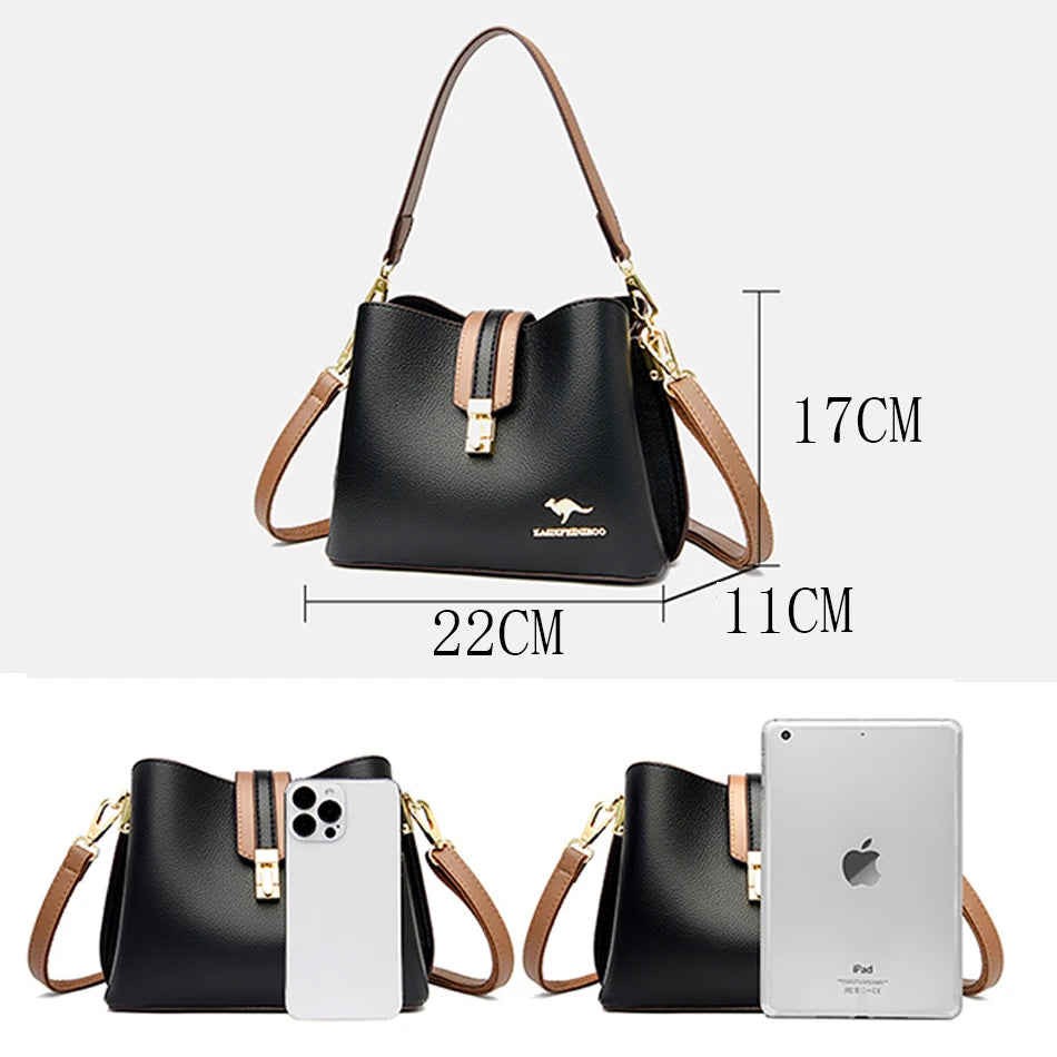 A black leather shoulder bag with a tan strap and gold hardware shown in multiple views.