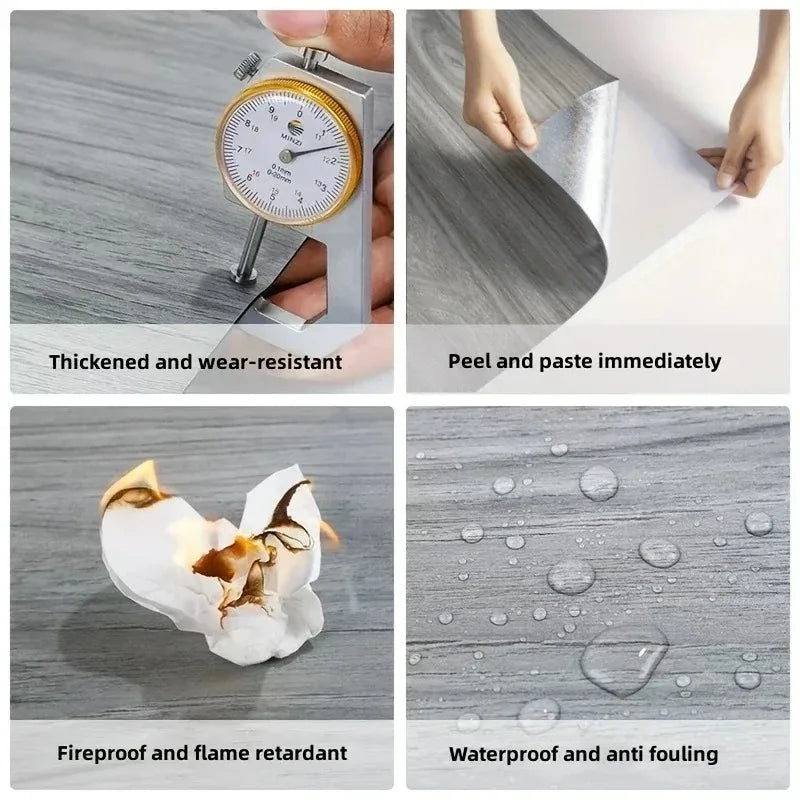 A set of wood grain peel and stick vinyl flooring tiles demonstrating thickness, wear resistance, fireproof properties, and w