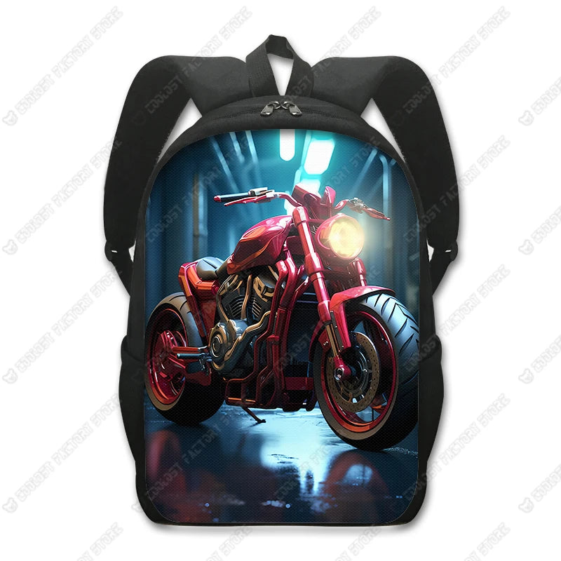 Schwarzer taktischer Rucksack mit Nahaufnahme eines roten Motorrads mit beleuchteten Scheinwerfern.