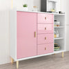 A white storage cabinet with pink glitter peel-and-stick vinyl doors and drawers displaying various items.